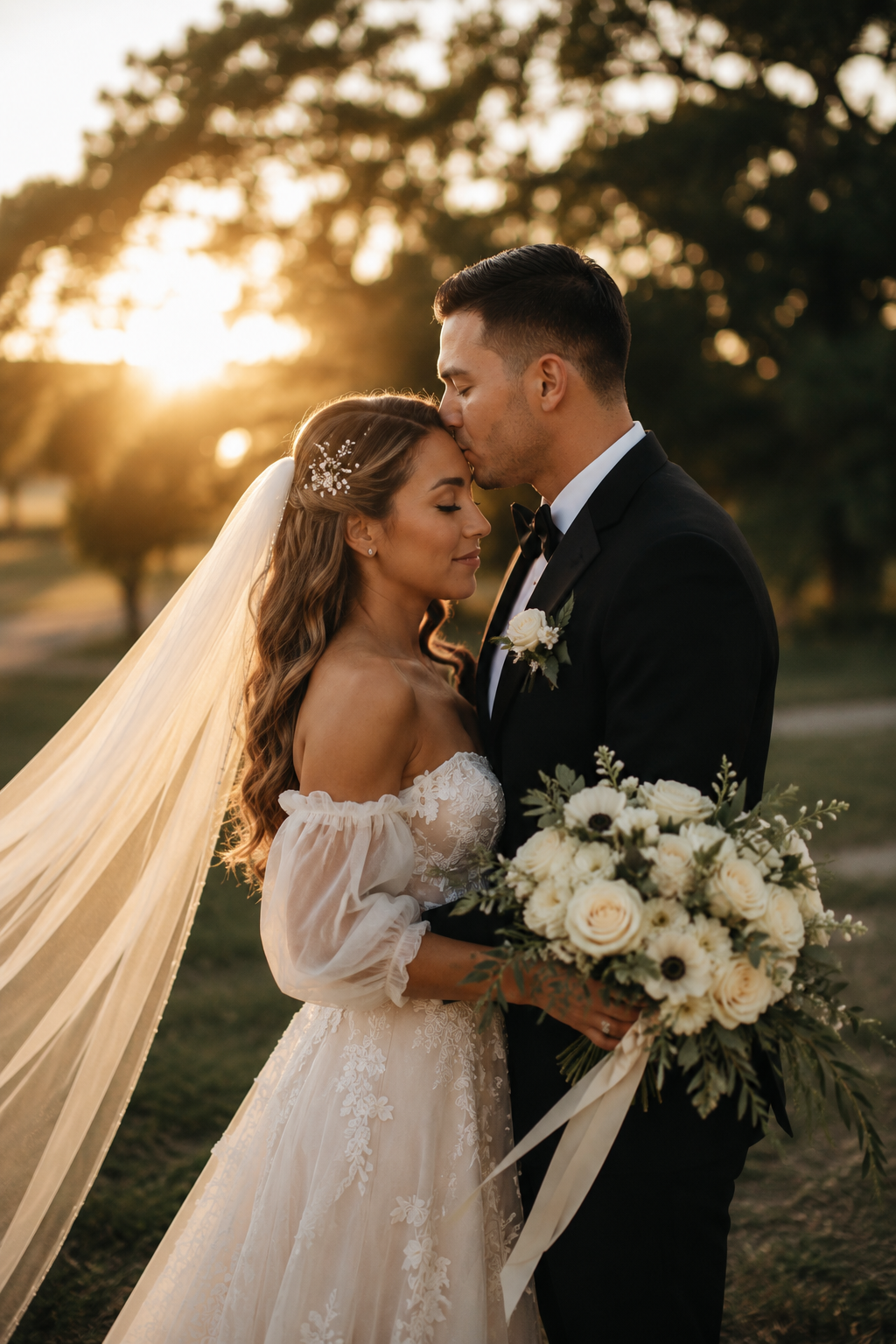 Bride and groom embracing at golden hour